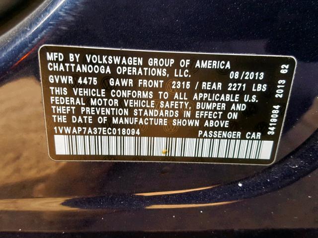 1VWAP7A37EC018094 - 2014 VOLKSWAGEN PASSAT S BLUE photo 10