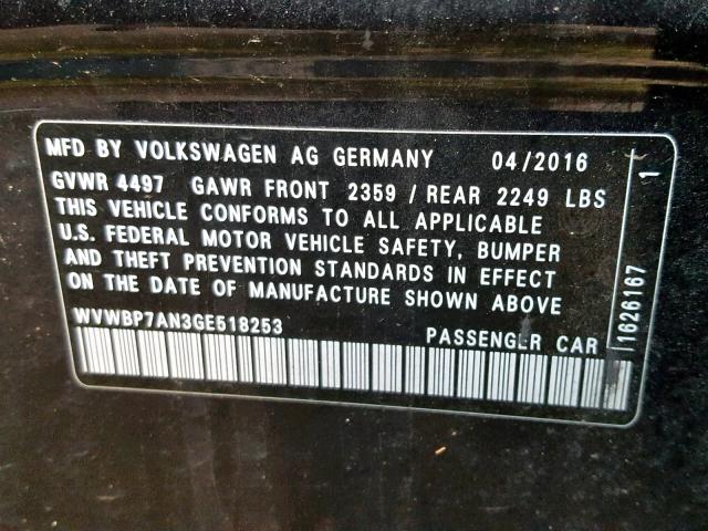WVWBP7AN3GE518253 - 2016 VOLKSWAGEN CC BASE BLACK photo 10