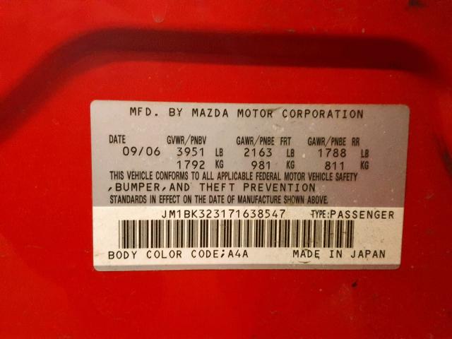 JM1BK323171638547 - 2007 MAZDA 3 S RED photo 10