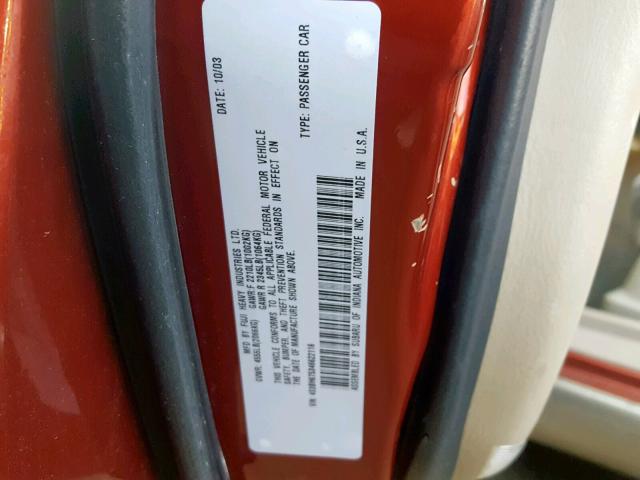 4S3BH675346622116 - 2004 SUBARU LEGACY OUT RED photo 10