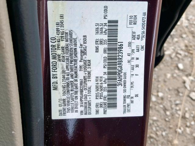 3FAHP0GA9BR239861 - 2011 FORD FUSION S MAROON photo 10