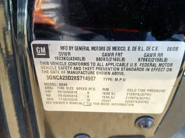 3GNCA23D28S714907 - 2008 CHEVROLET HHR LT BLACK photo 10