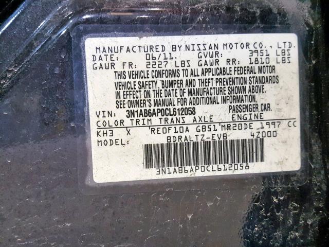 3N1AB6AP0CL612058 - 2012 NISSAN SENTRA 2.0 BLACK photo 10