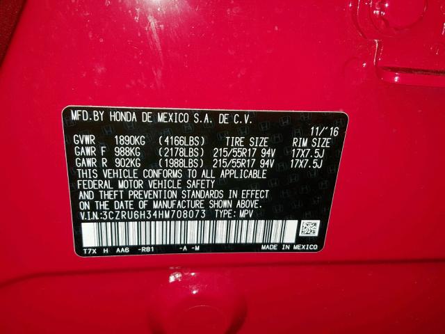 3CZRU6H34HM708073 - 2017 HONDA HR-V LX RED photo 10