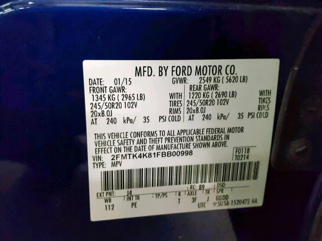 2FMTK4K81FBB00998 - 2015 FORD EDGE TITAN BLUE photo 10