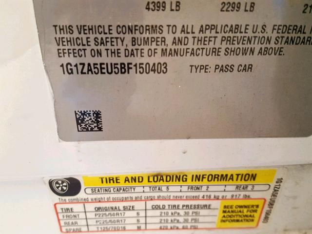 1G1ZA5EU5BF150403 - 2011 CHEVROLET MALIBU LS 白色 照片 10