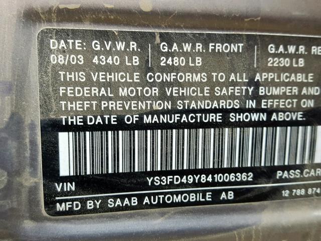 YS3FD49Y841006362 - 2004 SAAB 9-3 ARC GRAY photo 10