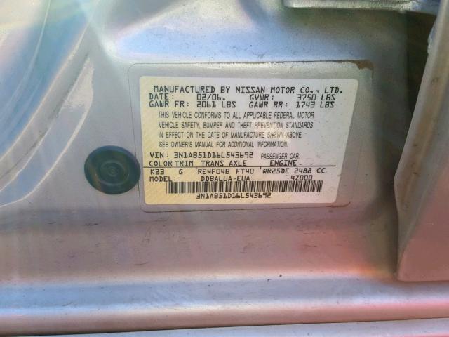 3N1AB51D16L543692 - 2006 NISSAN SENTRA SE- SILVER photo 10