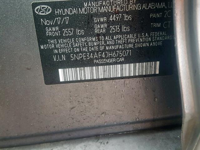 5NPE34AF4JH675071 - 2018 HYUNDAI SONATA SPO GRAY photo 10