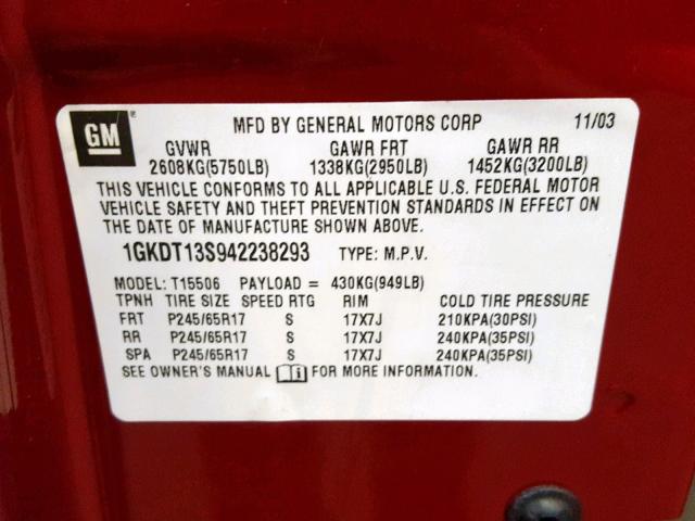 1GKDT13S942238293 - 2004 GMC ENVOY RED photo 10