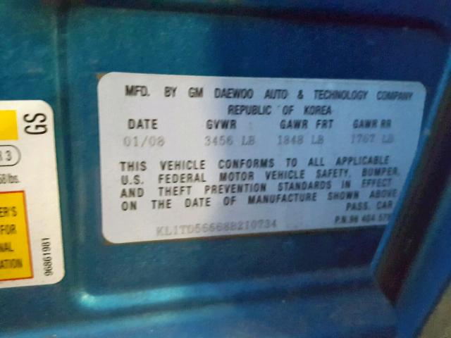 KL1TD56668B210734 - 2008 CHEVROLET AVEO BASE 青绿色 照片 10