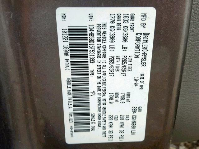 1D4HB58D15F531393 - 2005 DODGE DURANGO LI BROWN photo 10