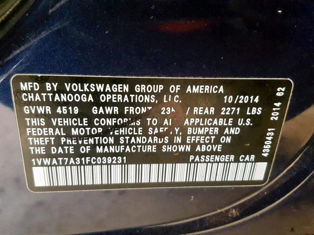 1VWAT7A31FC039231 - 2015 VOLKSWAGEN PASSAT S BLUE photo 10