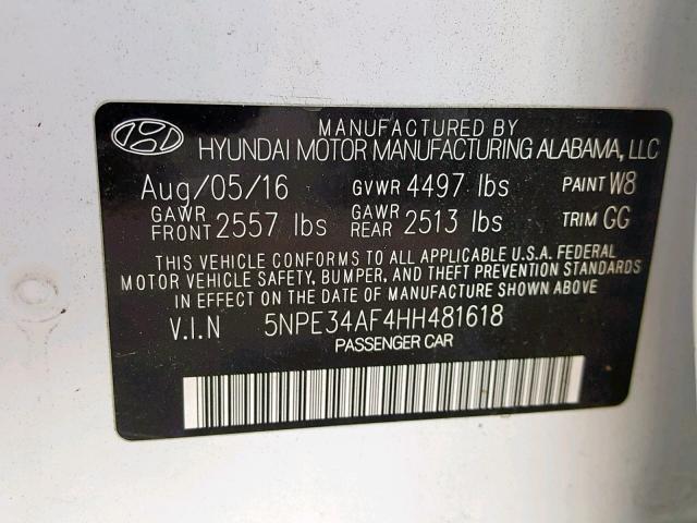 5NPE34AF4HH481618 - 2017 HYUNDAI SONATA SPO WHITE photo 10