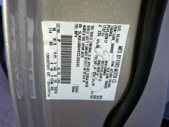 5LMEU88H95ZJ26243 - 2005 LINCOLN AVIATOR 银色 照片 10