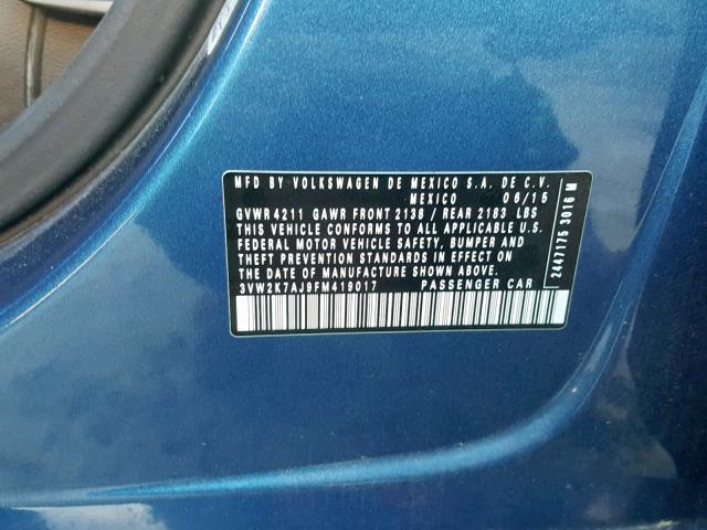 3VW2K7AJ9FM419017 - 2015 VOLKSWAGEN JETTA BASE BLUE photo 10