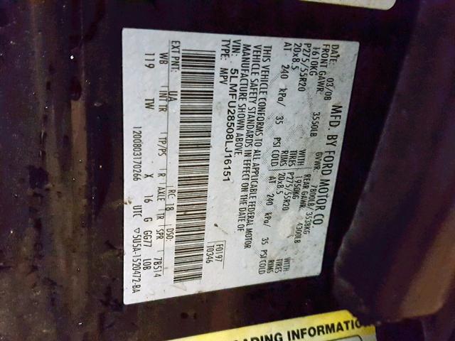 5LMFU28508LJ16151 - 2008 LINCOLN NAVIGATOR BLACK photo 10