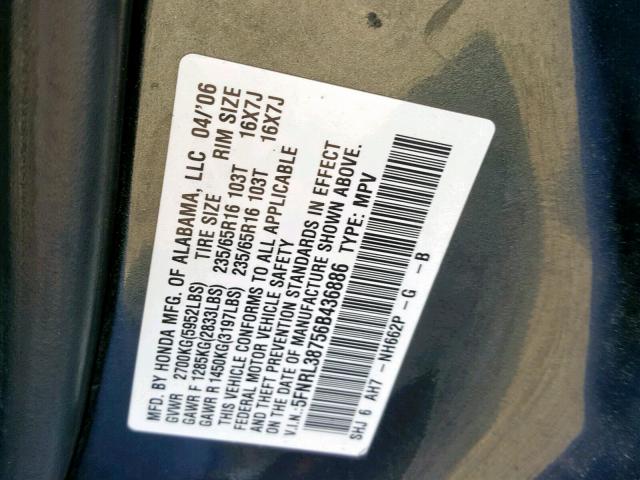 5FNRL38756B436886 - 2006 HONDA ODYSSEY EX CHARCOAL photo 10