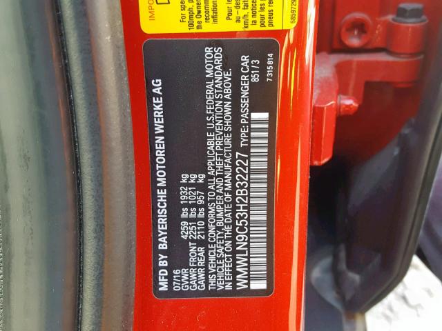 WMWLN9C53H2B32227 - 2017 MINI COOPER S C RED photo 10