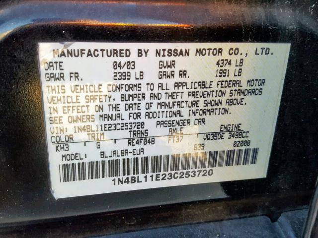 1N4BL11E23C253720 - 2003 NISSAN ALTIMA SE BLACK photo 10