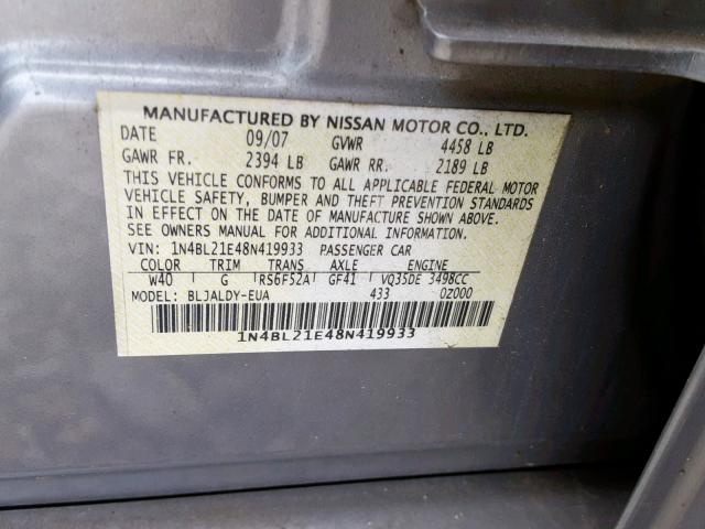 1N4BL21E48N419933 - 2008 NISSAN ALTIMA 3.5 GRAY photo 10