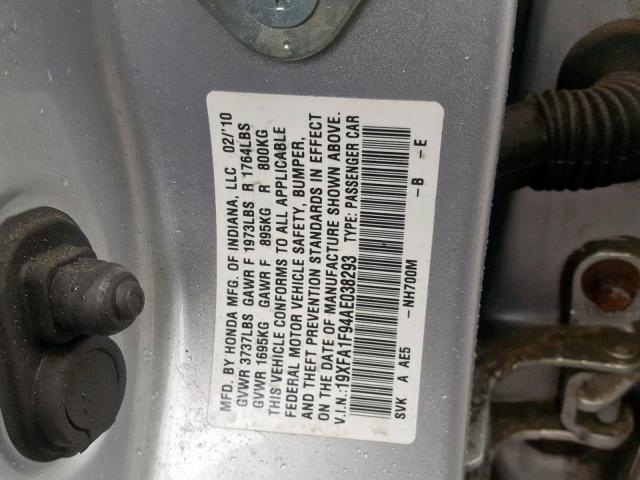 19XFA1F94AE038293 - 2010 HONDA CIVIC EXL GRAY photo 10