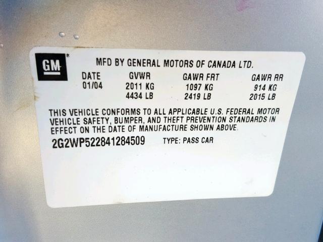 2G2WP522841284509 - 2004 PONTIAC GRAND PRIX SILVER photo 10