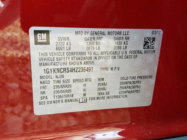 1GYKNCRS4HZ236491 - 2017 CADILLAC XT5 PREMIU BURGUNDY photo 10