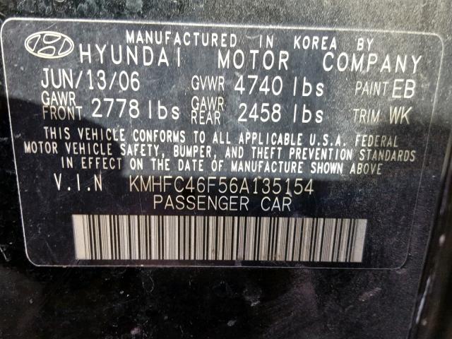 KMHFC46F56A135154 - 2006 HYUNDAI AZERA SE BLACK photo 10