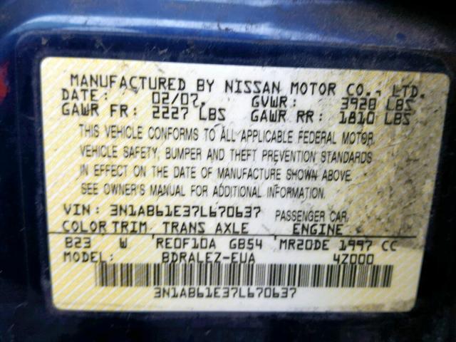 3N1AB61E37L670637 - 2007 NISSAN SENTRA 2.0 BLUE photo 10