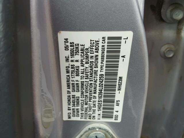 1HGES16394L024259 - 2004 HONDA CIVIC DX V SILVER photo 10