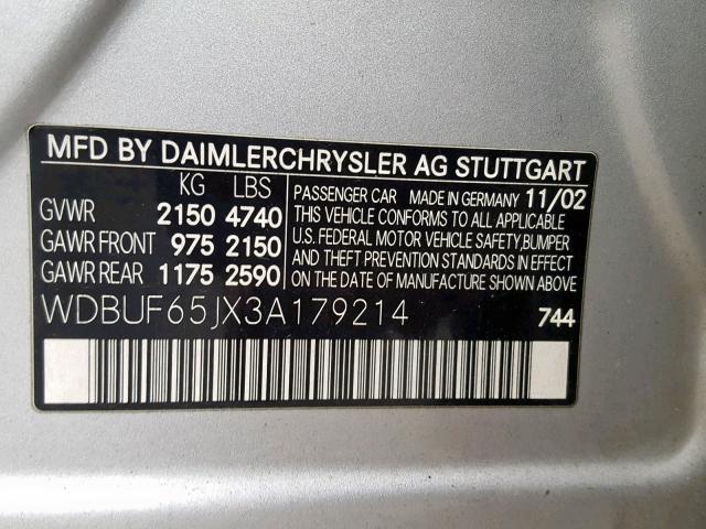 WDBUF65JX3A179214 - 2003 MERCEDES-BENZ E 320 SILVER photo 10