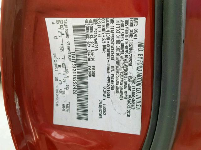 1FAFP55241A252428 - 2001 FORD TAURUS SES RED photo 10