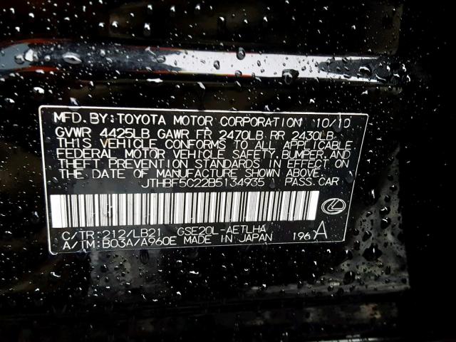 JTHBF5C22B5134935 - 2011 LEXUS IS 250 BLACK photo 10