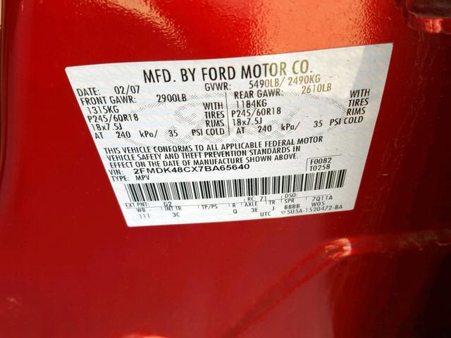 2FMDK48CX7BA65640 - 2007 FORD EDGE SEL RED photo 10