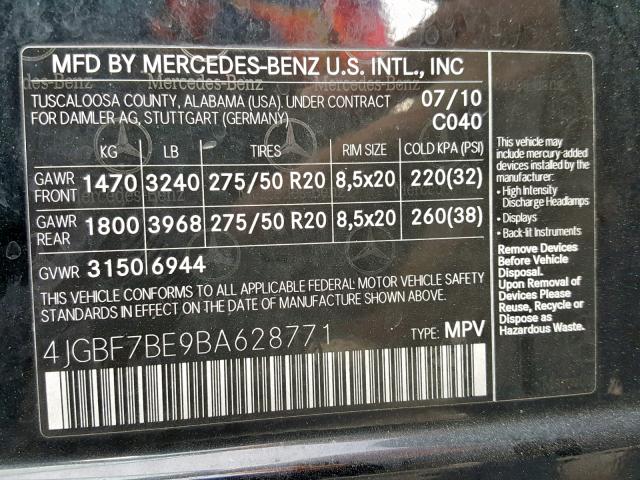 4JGBF7BE9BA628771 - 2011 MERCEDES-BENZ GL 450 4MA BLACK photo 10