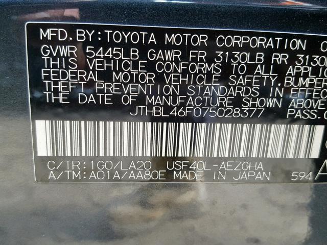 JTHBL46F075028377 - 2007 LEXUS LS 460 GRAY photo 10