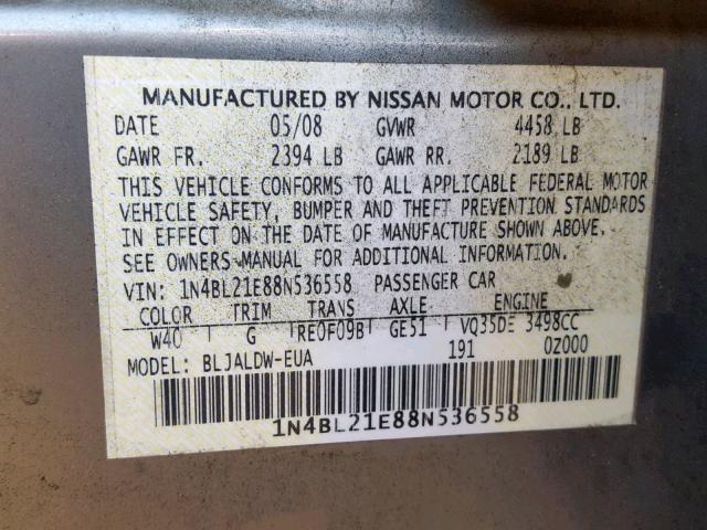 1N4BL21E88N536558 - 2008 NISSAN ALTIMA 3.5 GRAY photo 10