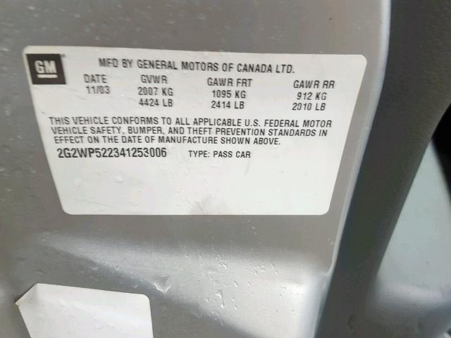 2G2WP522341253006 - 2004 PONTIAC GRAND PRIX SILVER photo 10