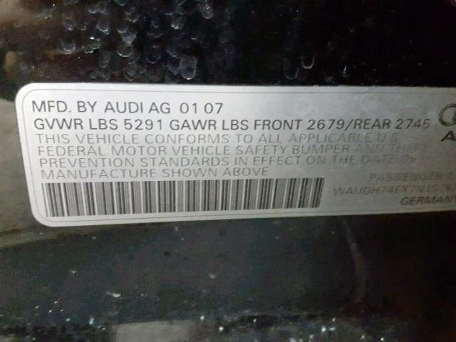 WAUDH74FX7N107570 - 2007 AUDI A6 3.2 QUA BLACK photo 10