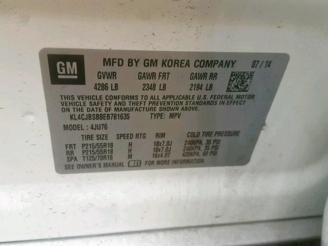 KL4CJBSB8EB781635 - 2014 BUICK ENCORE CON WHITE photo 10