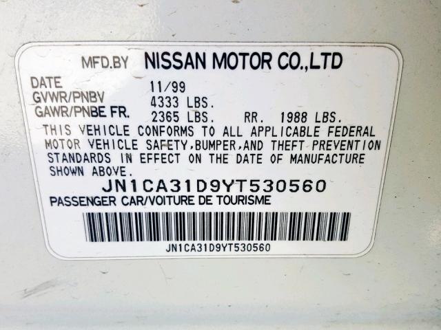 JN1CA31D9YT530560 - 2000 NISSAN MAXIMA GXE WHITE photo 10