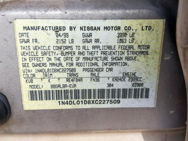 1N4DL01D8XC227509 - 1999 NISSAN ALTIMA XE TAN photo 10