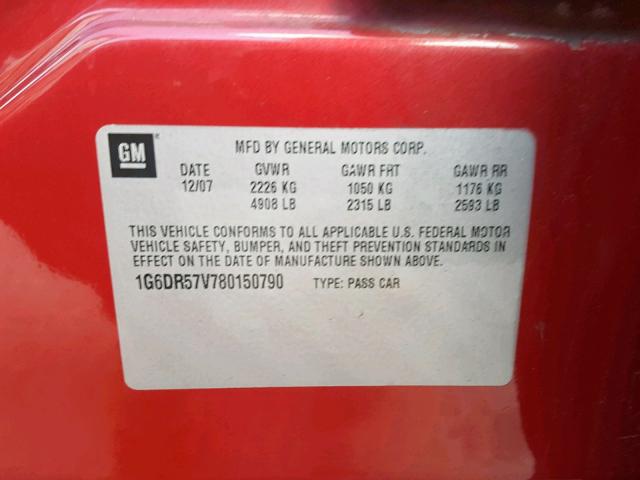 1G6DR57V780150790 - 2008 CADILLAC CTS HI FEA RED photo 10