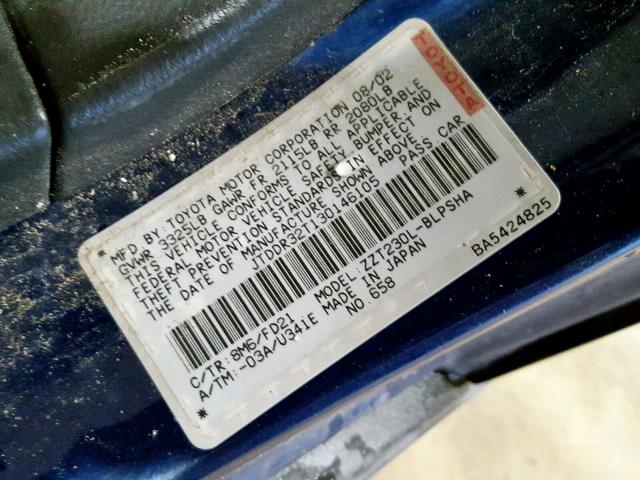 JTDDR32T130146105 - 2003 TOYOTA CELICA GT BLUE photo 10