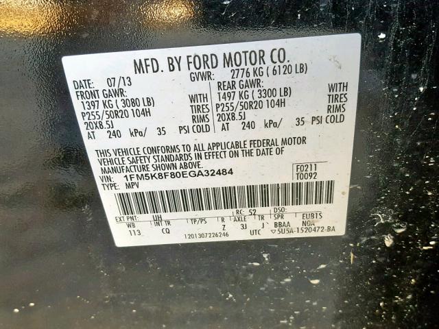 1FM5K8F80EGA32484 - 2014 FORD EXPLORER L BLACK photo 10