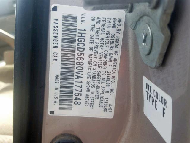 1HGCD5680VA177548 - 1997 HONDA ACCORD VAL SILVER photo 10