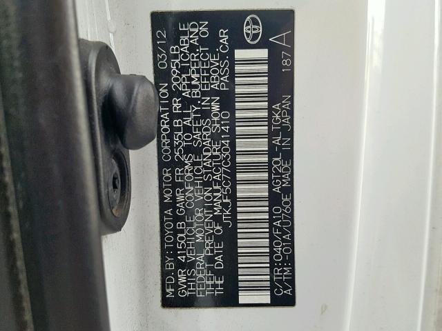 JTKJF5C77C3041410 - 2012 TOYOTA SCION TC Ağ foto 10