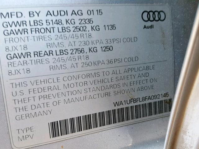 WA1UFBFL8FA092145 - 2015 AUDI A4 ALLROAD SILVER photo 10