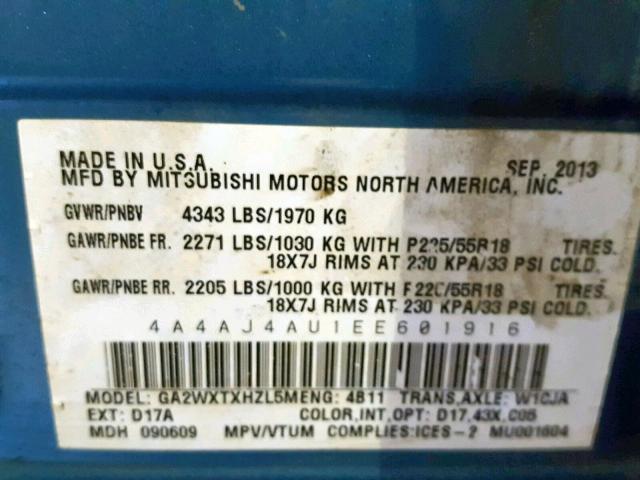 4A4AJ4AU1EE601916 - 2014 MITSUBISHI RVR GT TEAL photo 10